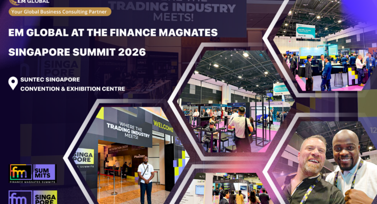 EM Global Founder and CEO Edwin Gichana networking with global financial industry leaders at the Finance Magnates Singapore Summit 2026 in Singapore.